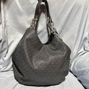 Michael Kors Signature Monogram Charcoal Hobo with Silver Chain Hardware